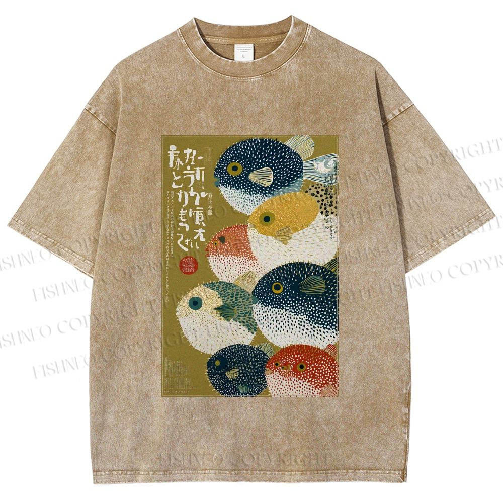 Unisex Puffer Fish Printed Washed Tee