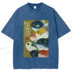 Unisex Puffer Fish Printed Washed Tee