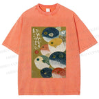 Unisex Puffer Fish Printed Washed Tee