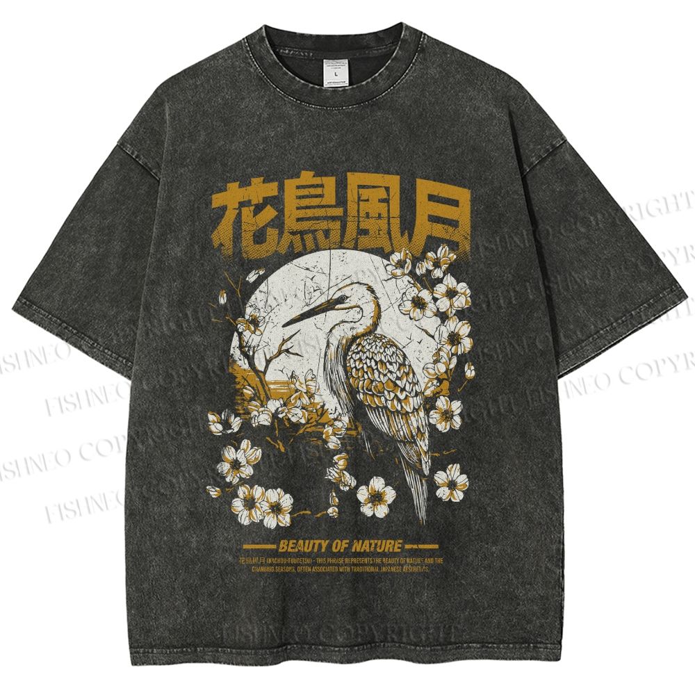 Unisex Flowers And Birds Printed Washed Tee