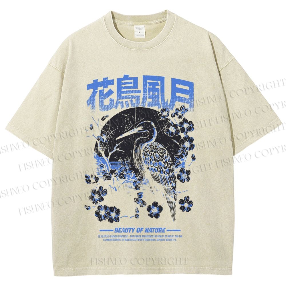 Unisex Flowers And Birds Printed Washed Tee