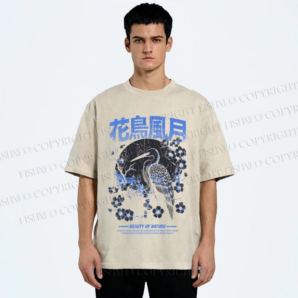 Unisex Flowers And Birds Printed Washed Tee