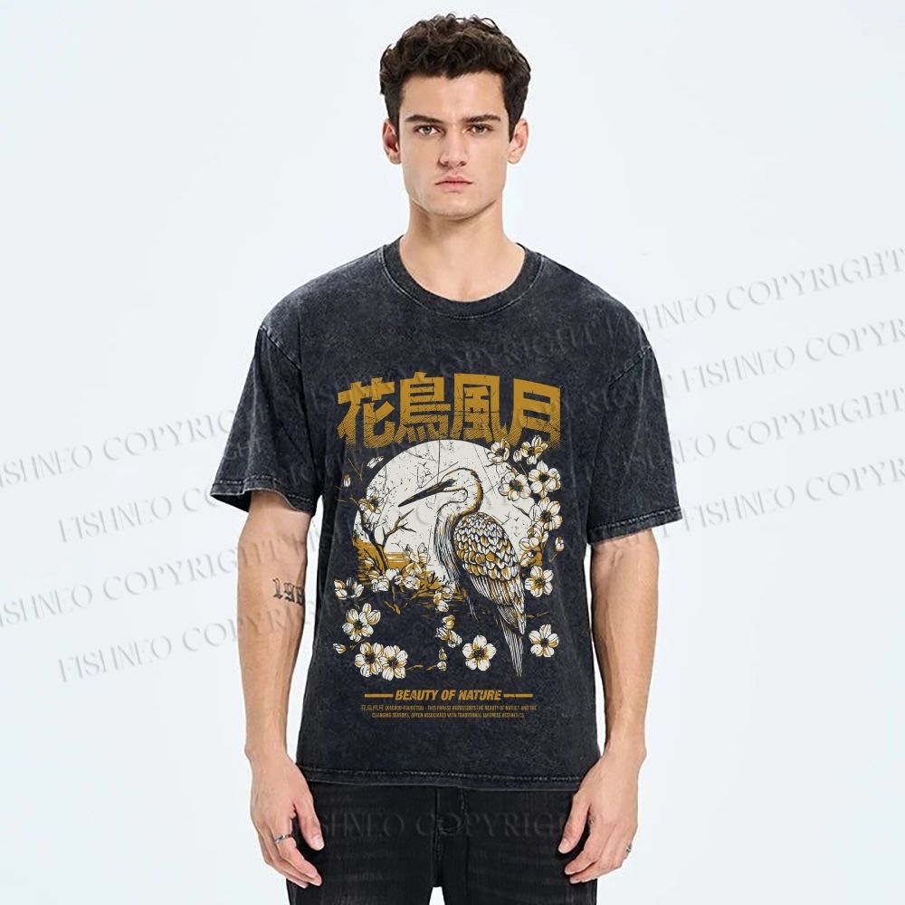 Unisex Flowers And Birds Printed Washed Tee
