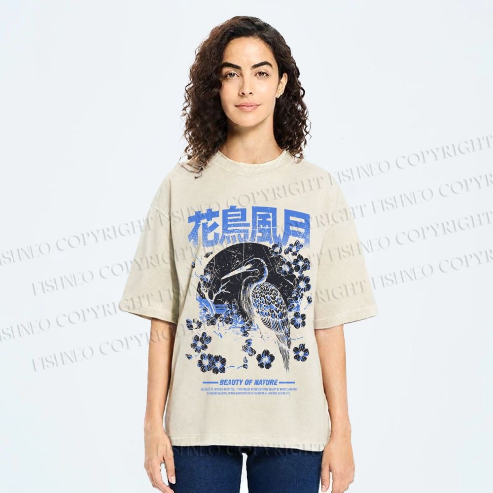 Unisex Flowers And Birds Printed Washed Tee
