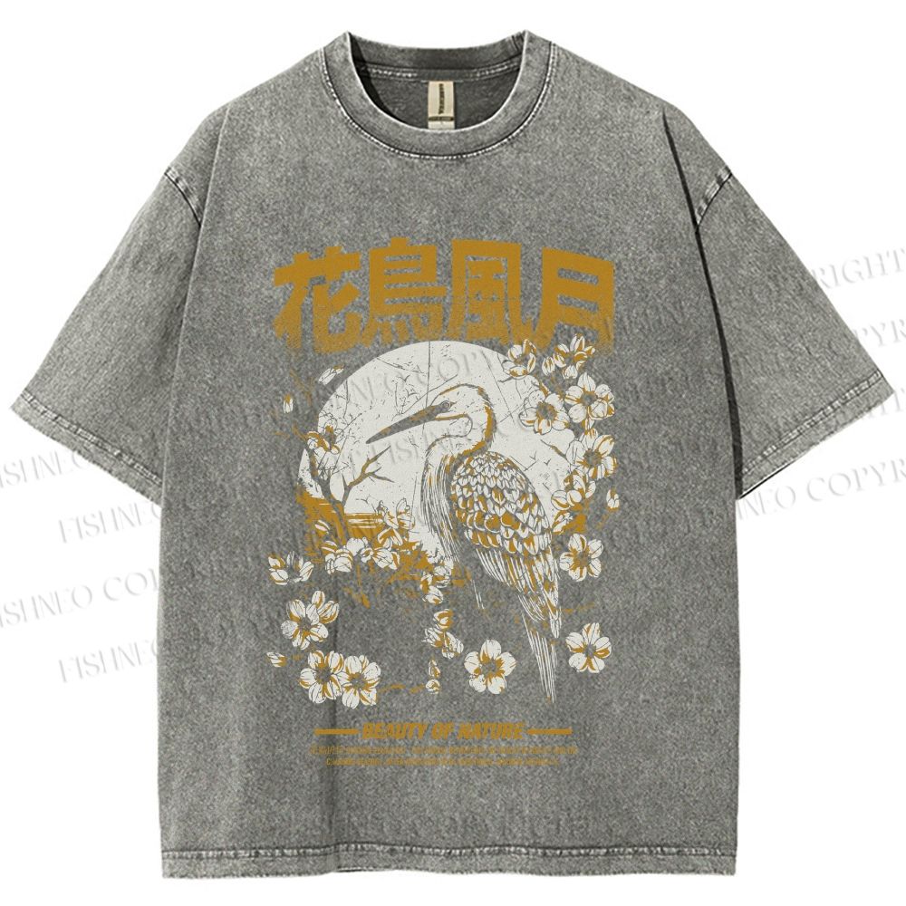 Unisex Flowers And Birds Printed Washed Tee