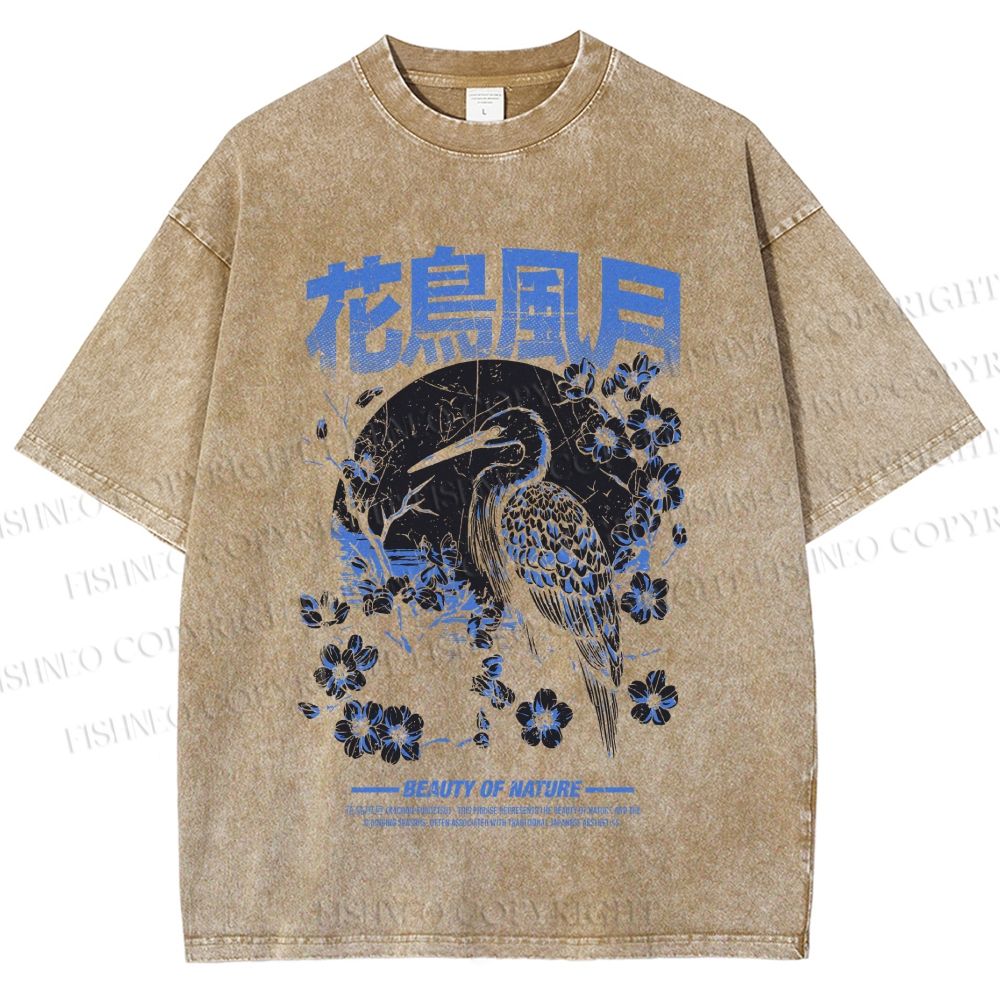 Unisex Flowers And Birds Printed Washed Tee