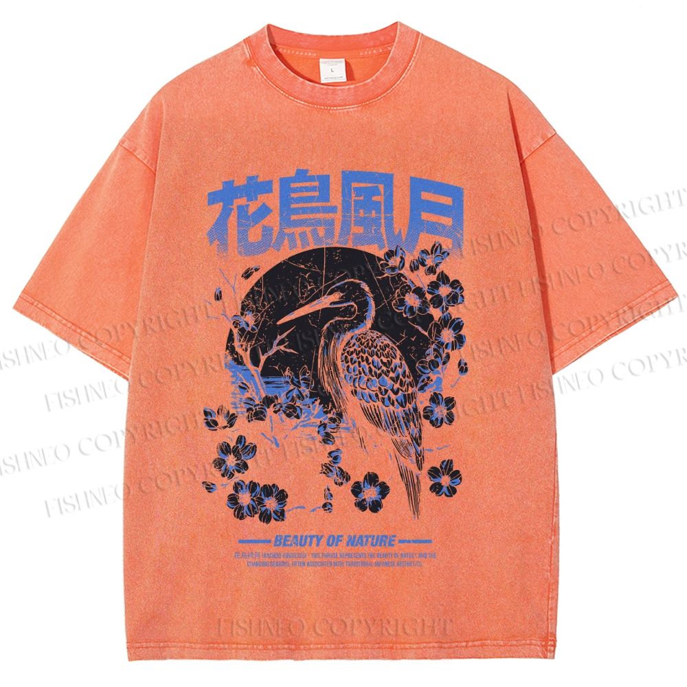 Unisex Flowers And Birds Printed Washed Tee