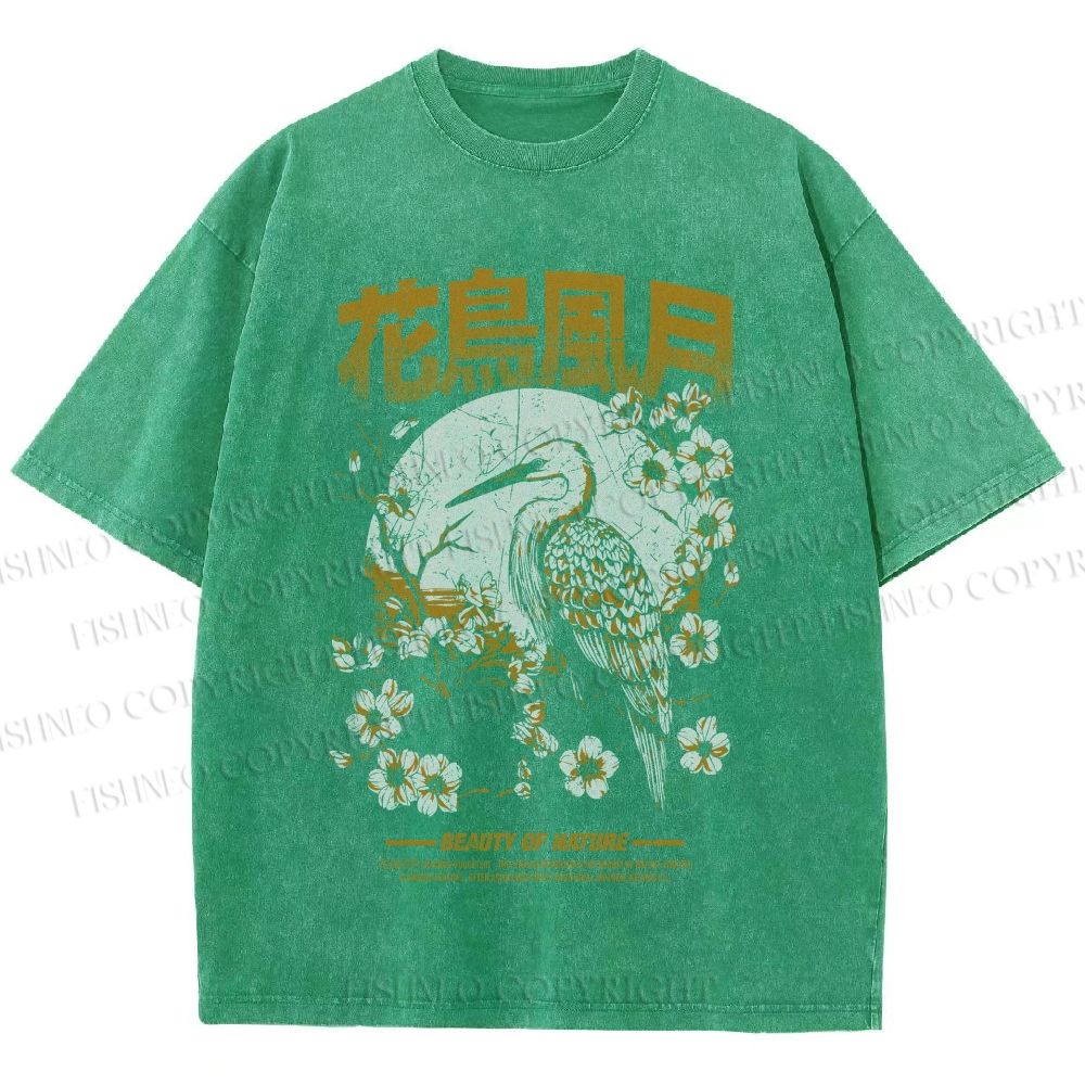 Unisex Flowers And Birds Printed Washed Tee
