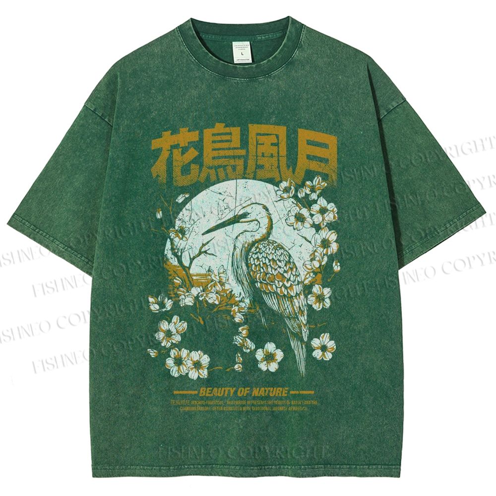 Unisex Flowers And Birds Printed Washed Tee