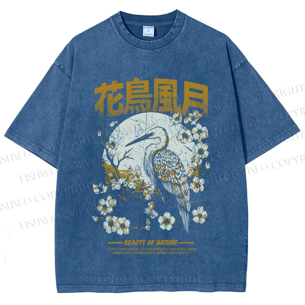 Unisex Flowers And Birds Printed Washed Tee