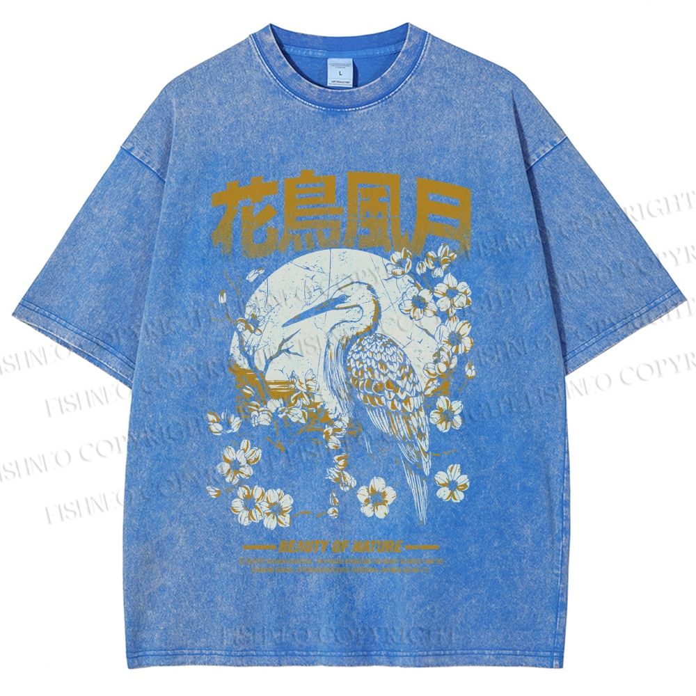 Unisex Flowers And Birds Printed Washed Tee