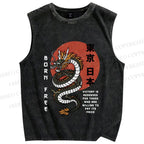 Unisex Asian Dragon Printed Washed Tank Top