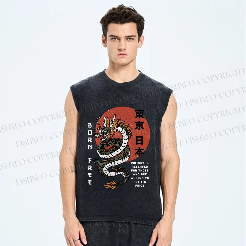 Unisex Asian Dragon Printed Washed Tank Top
