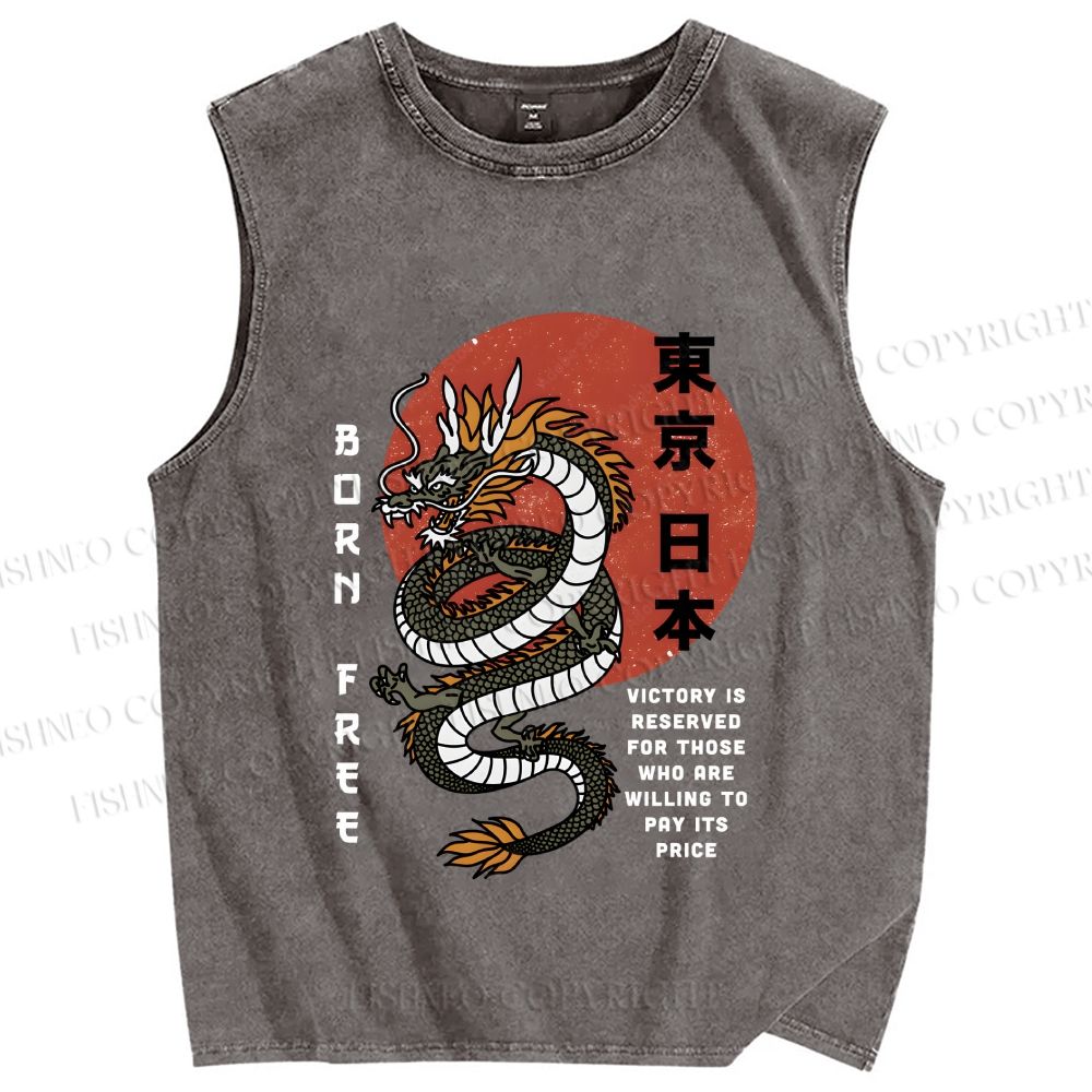 Unisex Asian Dragon Printed Washed Tank Top