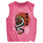 Unisex Asian Dragon Printed Washed Tank Top