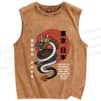 Unisex Asian Dragon Printed Washed Tank Top