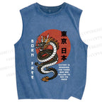 Unisex Asian Dragon Printed Washed Tank Top
