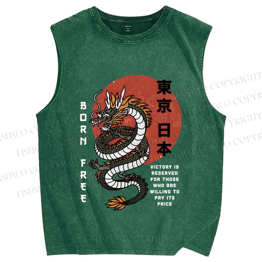 Unisex Asian Dragon Printed Washed Tank Top