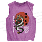 Unisex Asian Dragon Printed Washed Tank Top