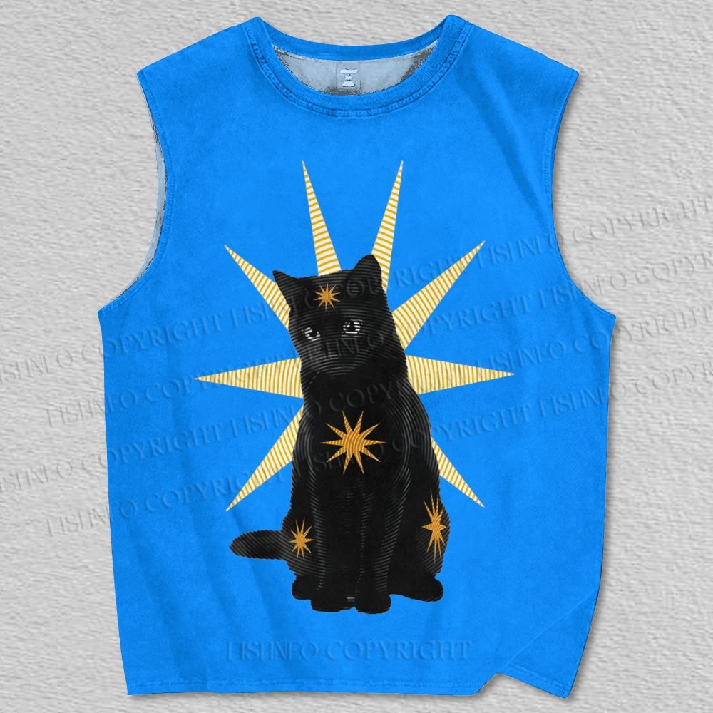 Unisex Retro Star Cat Art Printed Tank Top