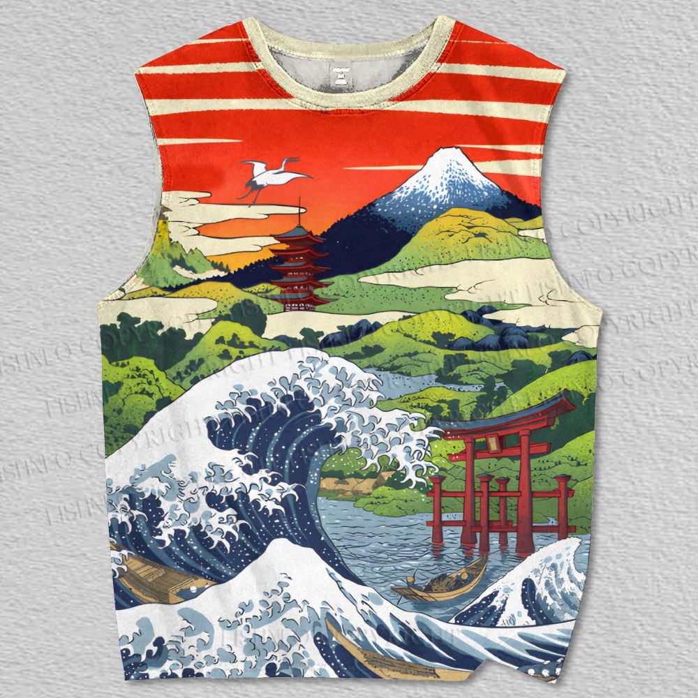 Unisex Japanese Ukiyo-e Wave Mount Fuji Printed Tank Top