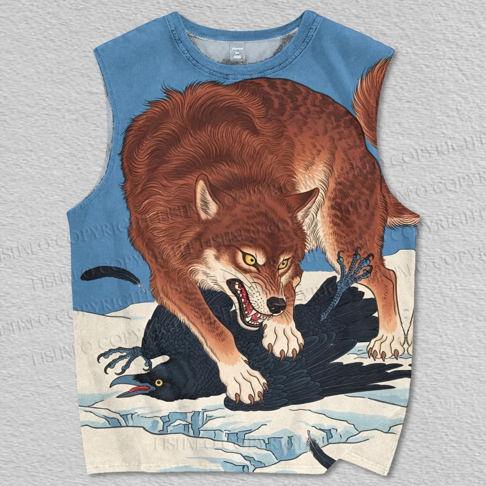 Unisex Japanese Vintage Wolf vs Crow Printed Tank Top