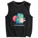 Unisex Frog Holding a Lamp Printed Washed Tank Top