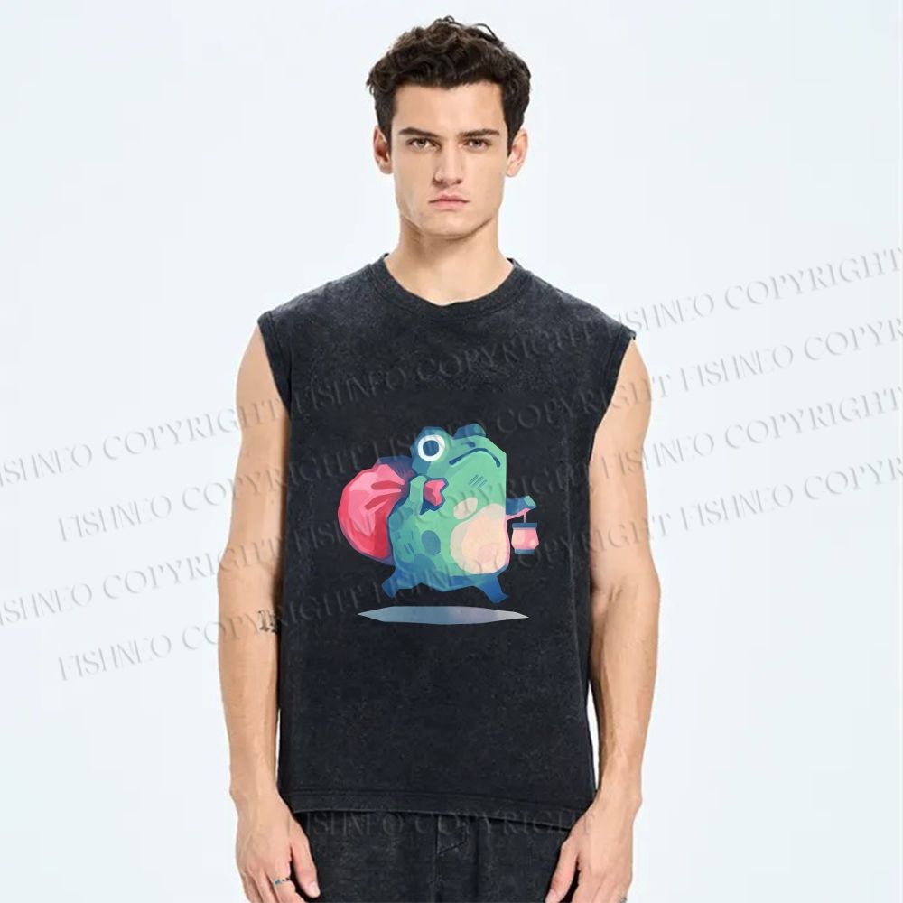 Unisex Frog Holding a Lamp Printed Washed Tank Top