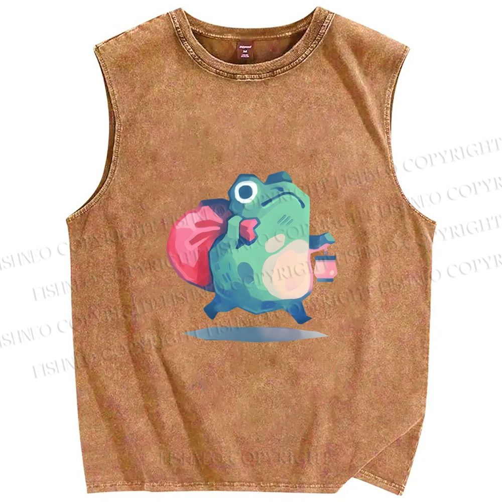 Unisex Frog Holding a Lamp Printed Washed Tank Top