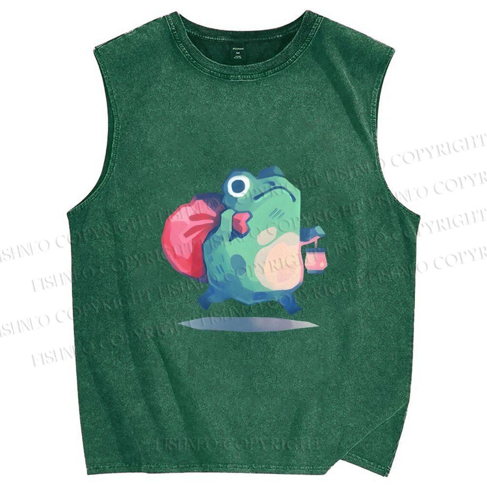 Unisex Frog Holding a Lamp Printed Washed Tank Top