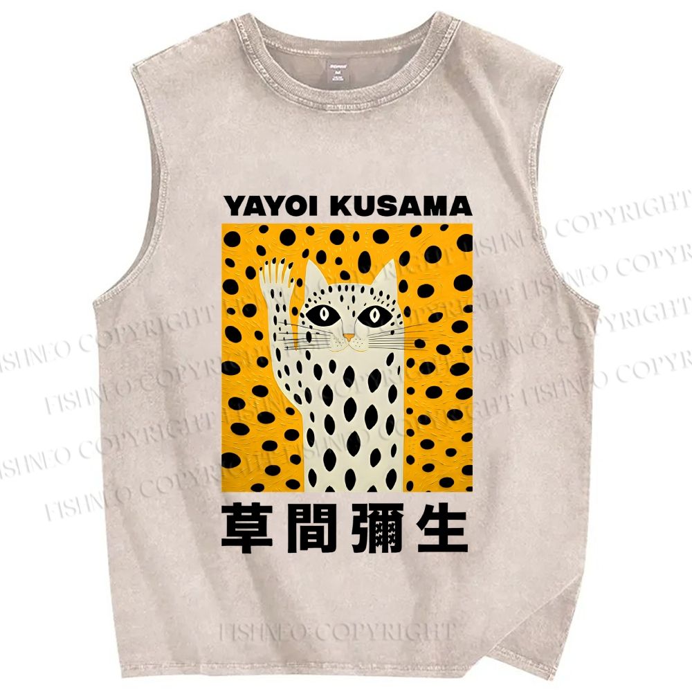 Unisex Yayoi Kusama Cat Say Hi Printed Washed Tank Top