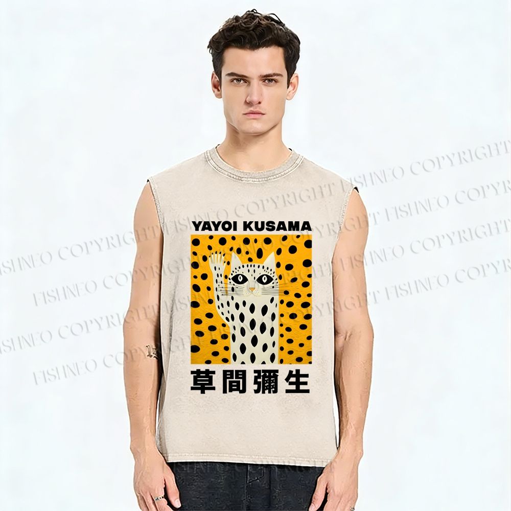 Unisex Yayoi Kusama Cat Say Hi Printed Washed Tank Top