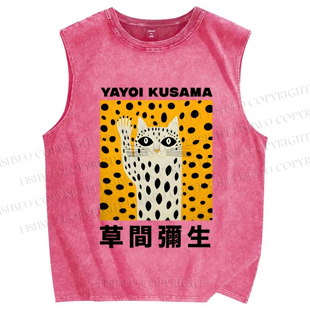 Unisex Yayoi Kusama Cat Say Hi Printed Washed Tank Top