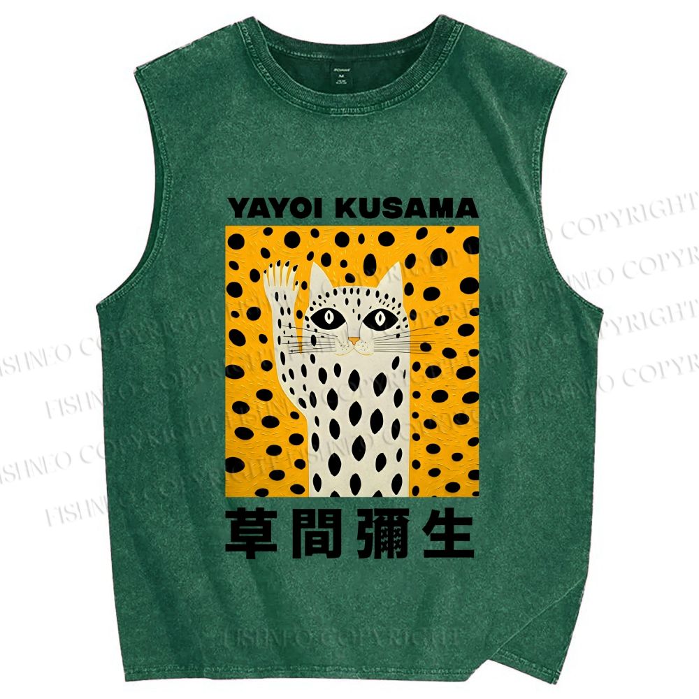 Unisex Yayoi Kusama Cat Say Hi Printed Washed Tank Top