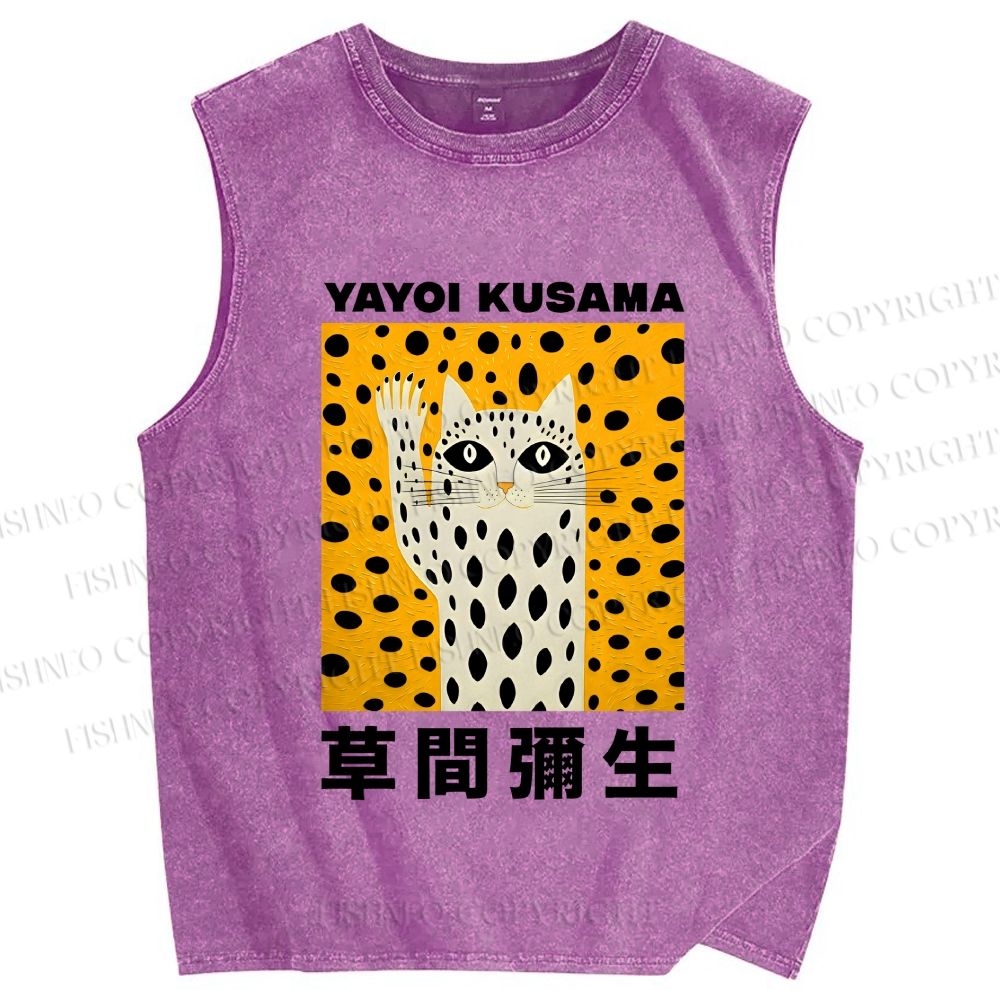 Unisex Yayoi Kusama Cat Say Hi Printed Washed Tank Top
