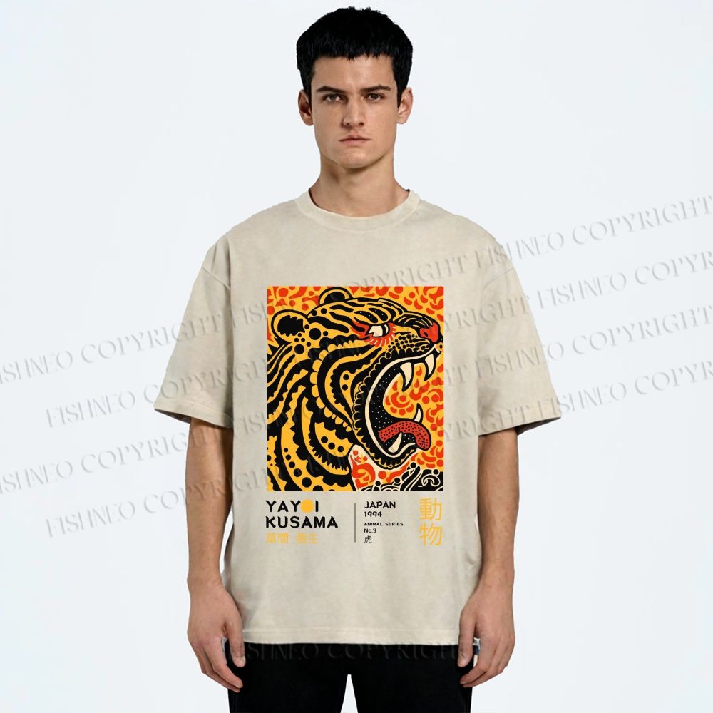 Unisex Yayoi Kusama Polka Dot Tiger Art Printed Washed Tee
