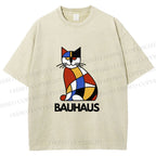 Unisex Bauhaus Mondrian Cat Printed Washed Tee