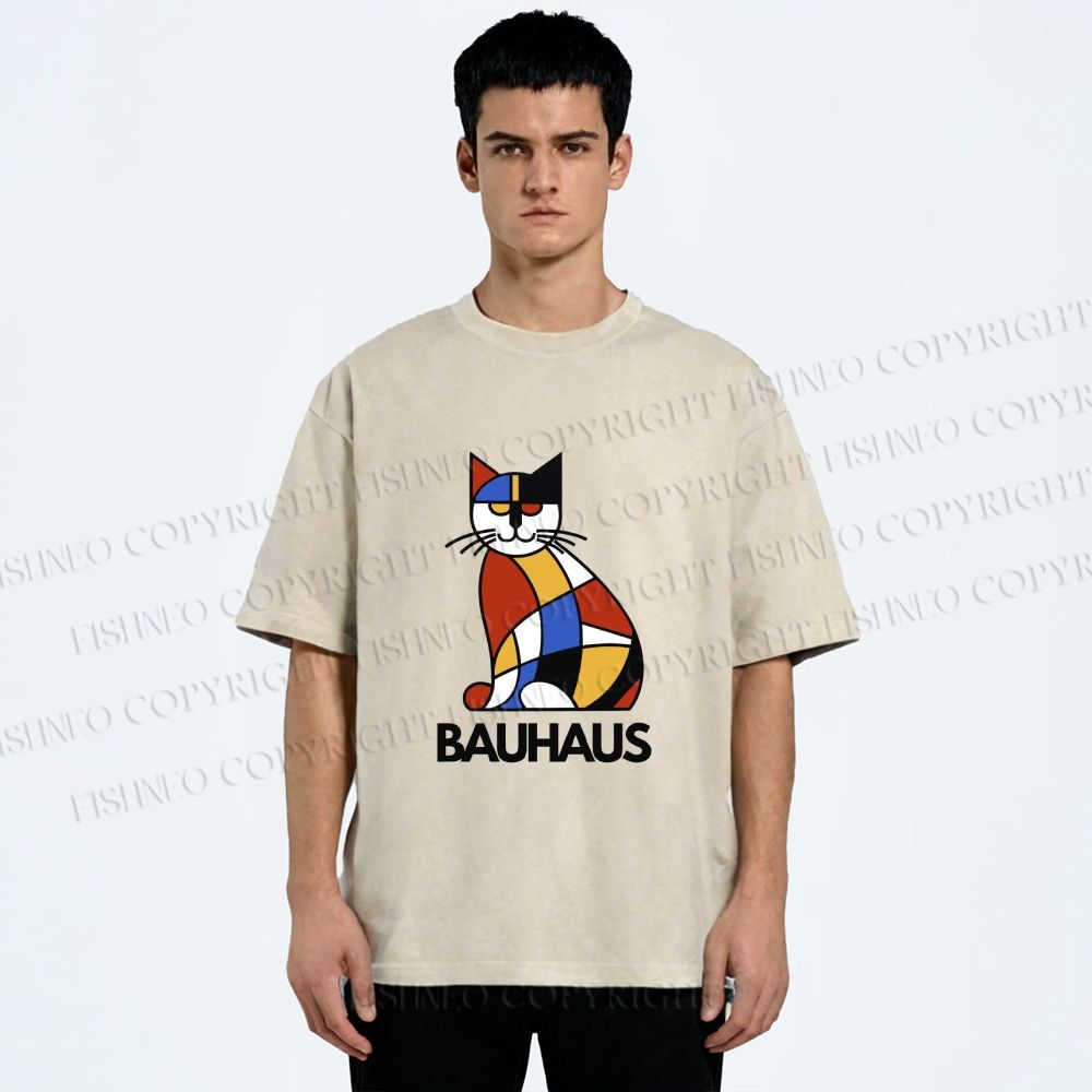Unisex Bauhaus Mondrian Cat Printed Washed Tee