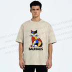 Unisex Bauhaus Mondrian Cat Printed Washed Tee