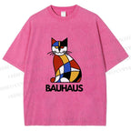 Unisex Bauhaus Mondrian Cat Printed Washed Tee