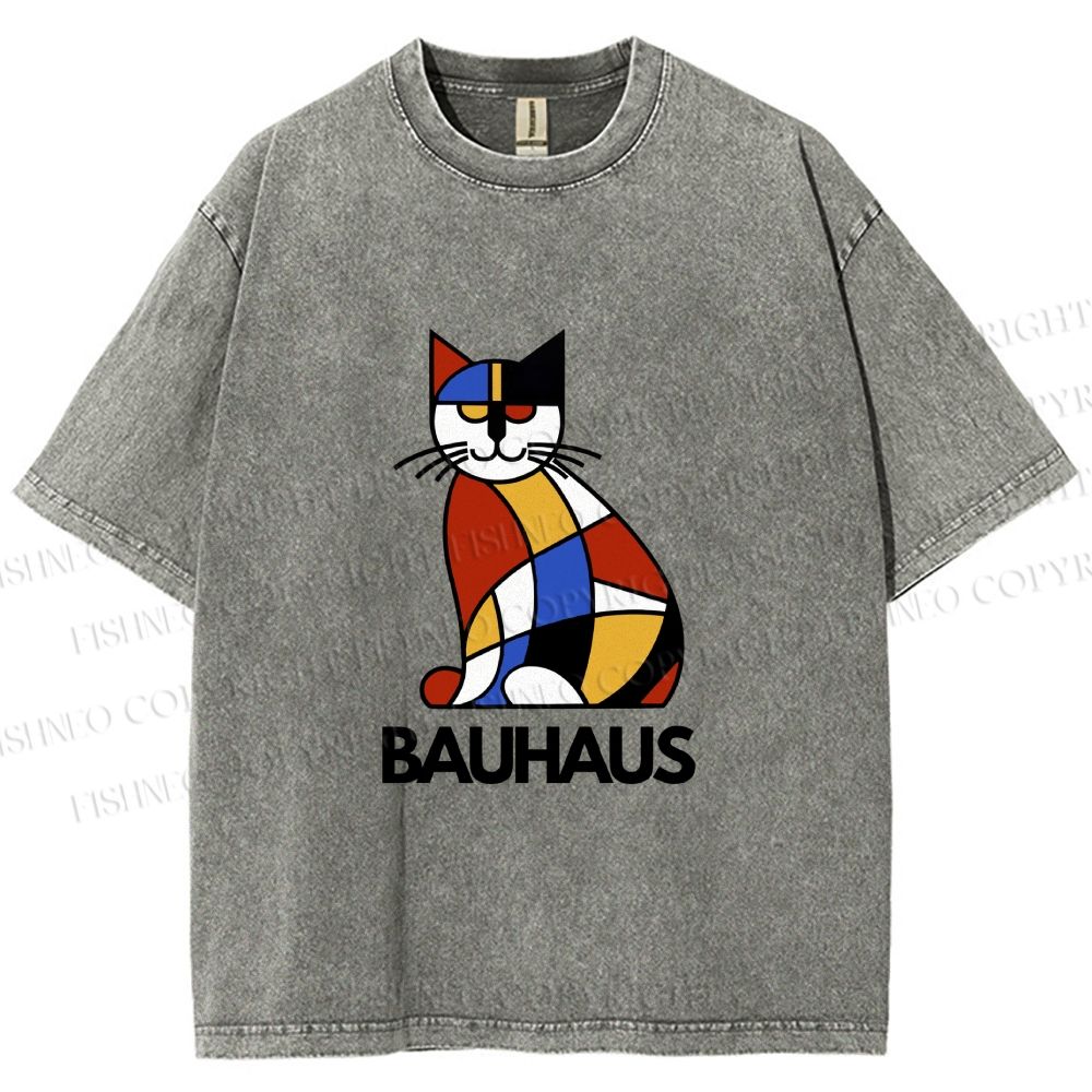 Unisex Bauhaus Mondrian Cat Printed Washed Tee