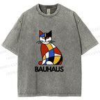 Unisex Bauhaus Mondrian Cat Printed Washed Tee
