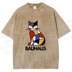 Unisex Bauhaus Mondrian Cat Printed Washed Tee