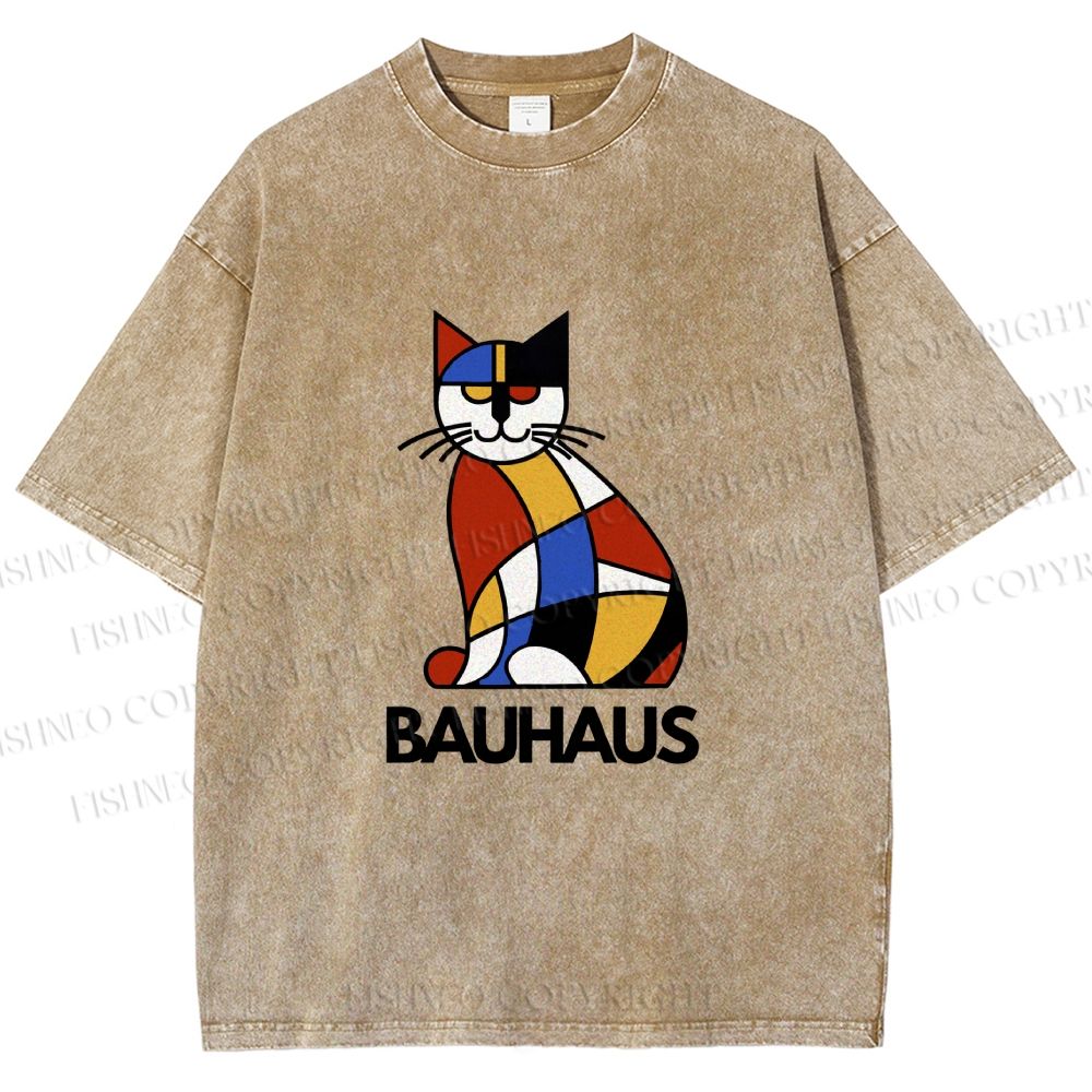 Unisex Bauhaus Mondrian Cat Printed Washed Tee