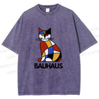 Unisex Bauhaus Mondrian Cat Printed Washed Tee