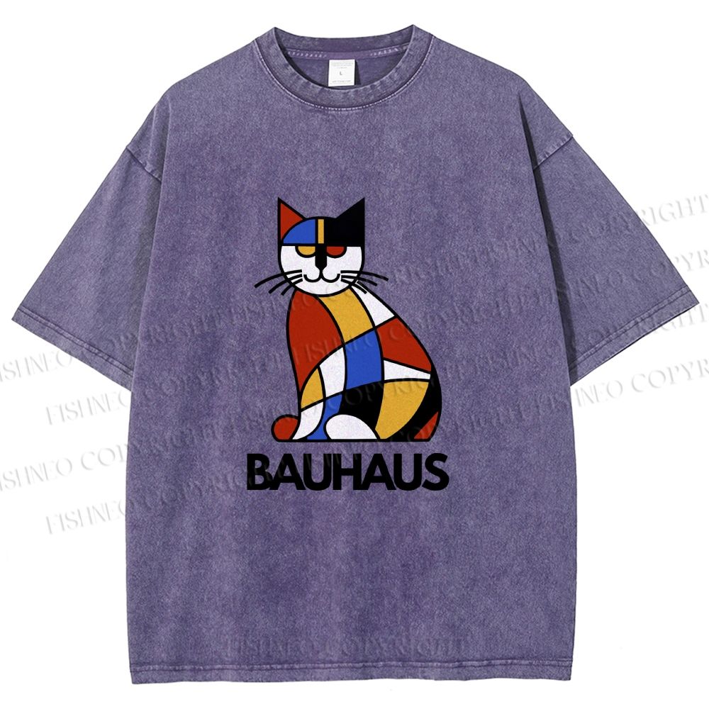 Unisex Bauhaus Mondrian Cat Printed Washed Tee