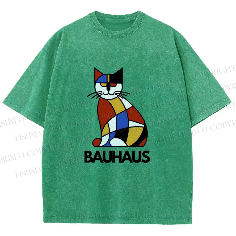 Unisex Bauhaus Mondrian Cat Printed Washed Tee