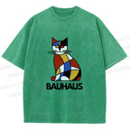Unisex Bauhaus Mondrian Cat Printed Washed Tee