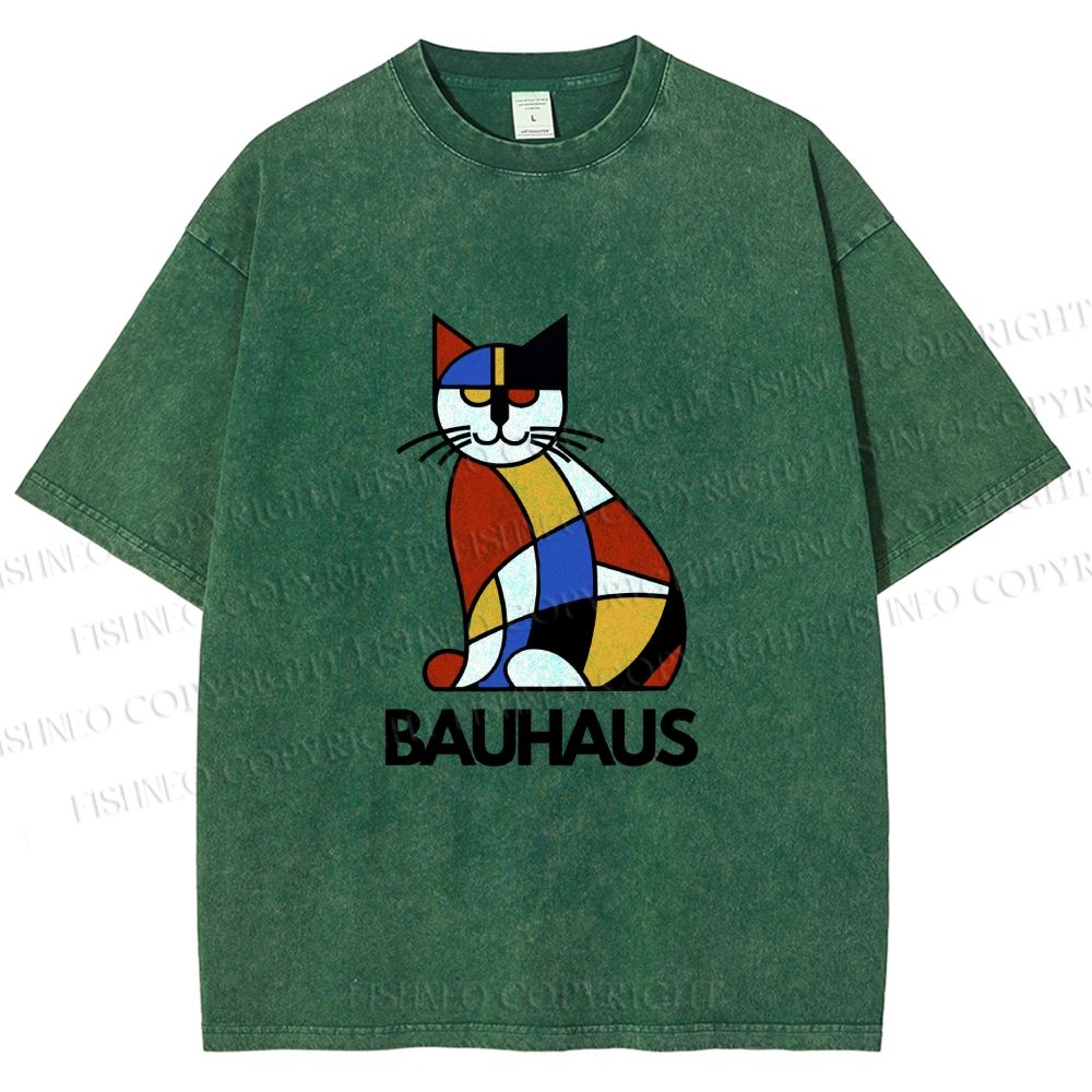Unisex Bauhaus Mondrian Cat Printed Washed Tee