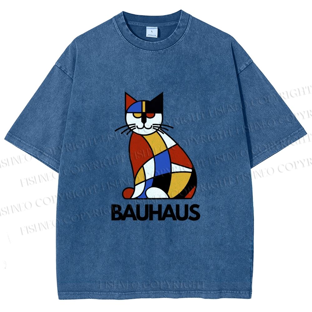 Unisex Bauhaus Mondrian Cat Printed Washed Tee